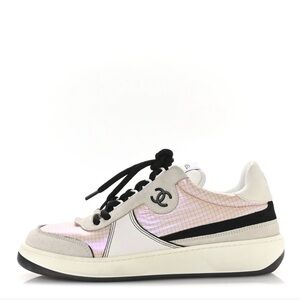CHANEL CC Suede & Calfskin Sneakers,Size 38.5 (Fits US 8.5/EU 39)Pink/Grey/White